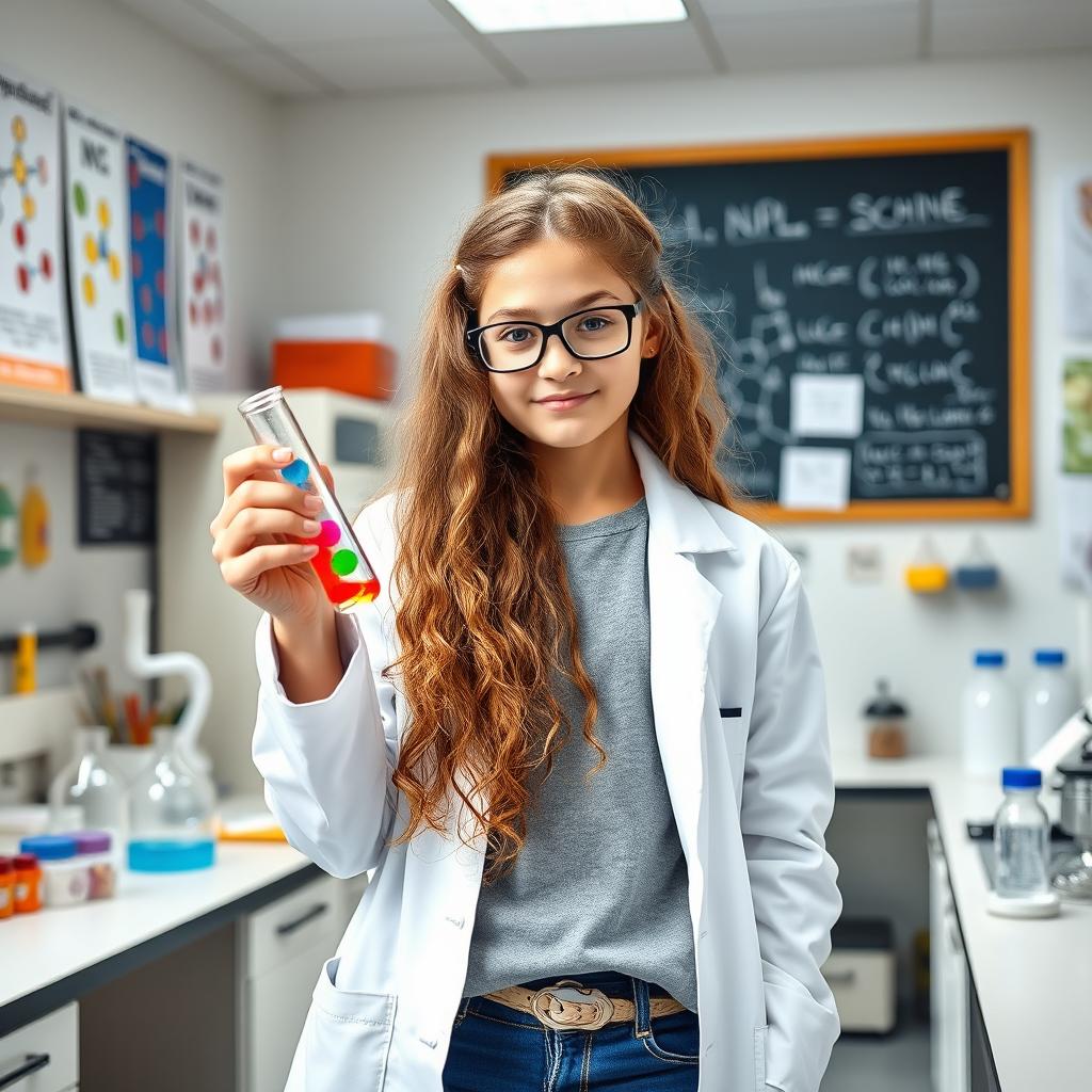 A young, intelligent teenage girl with long, curly hair, wearing a lab coat over casual clothes, holding a test tube filled with colorful liquid while surrounded by scientific equipment in a bright and cheerful laboratory