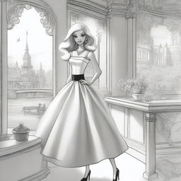 A fresh black and white pencil illustration, portraying Barbie in a unique setting