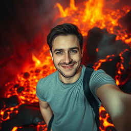 A relaxed man taking a selfie in a surreal, fiery hellscape