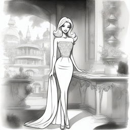 A fresh black and white pencil illustration, portraying Barbie in a unique setting