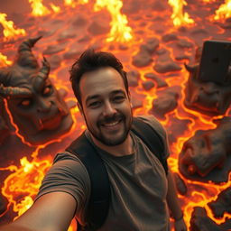 A relaxed man taking a selfie in a surreal, fiery hellscape