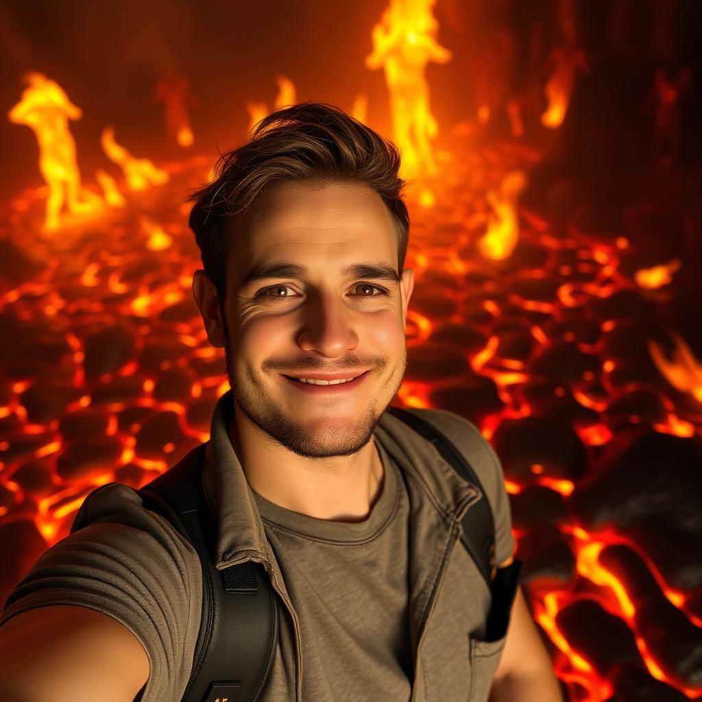 A relaxed man taking a selfie in a surreal, fiery hellscape