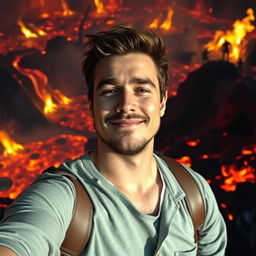 A relaxed man taking a selfie in a surreal, fiery hellscape