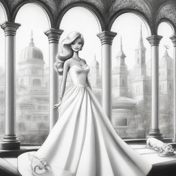 A fresh black and white pencil illustration, portraying Barbie in a unique setting