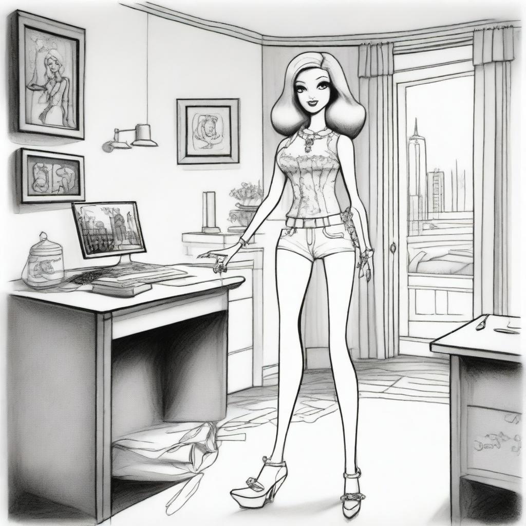 This is yet another unique black and white pencil sketch, this time depicting Barbie in a different scenario