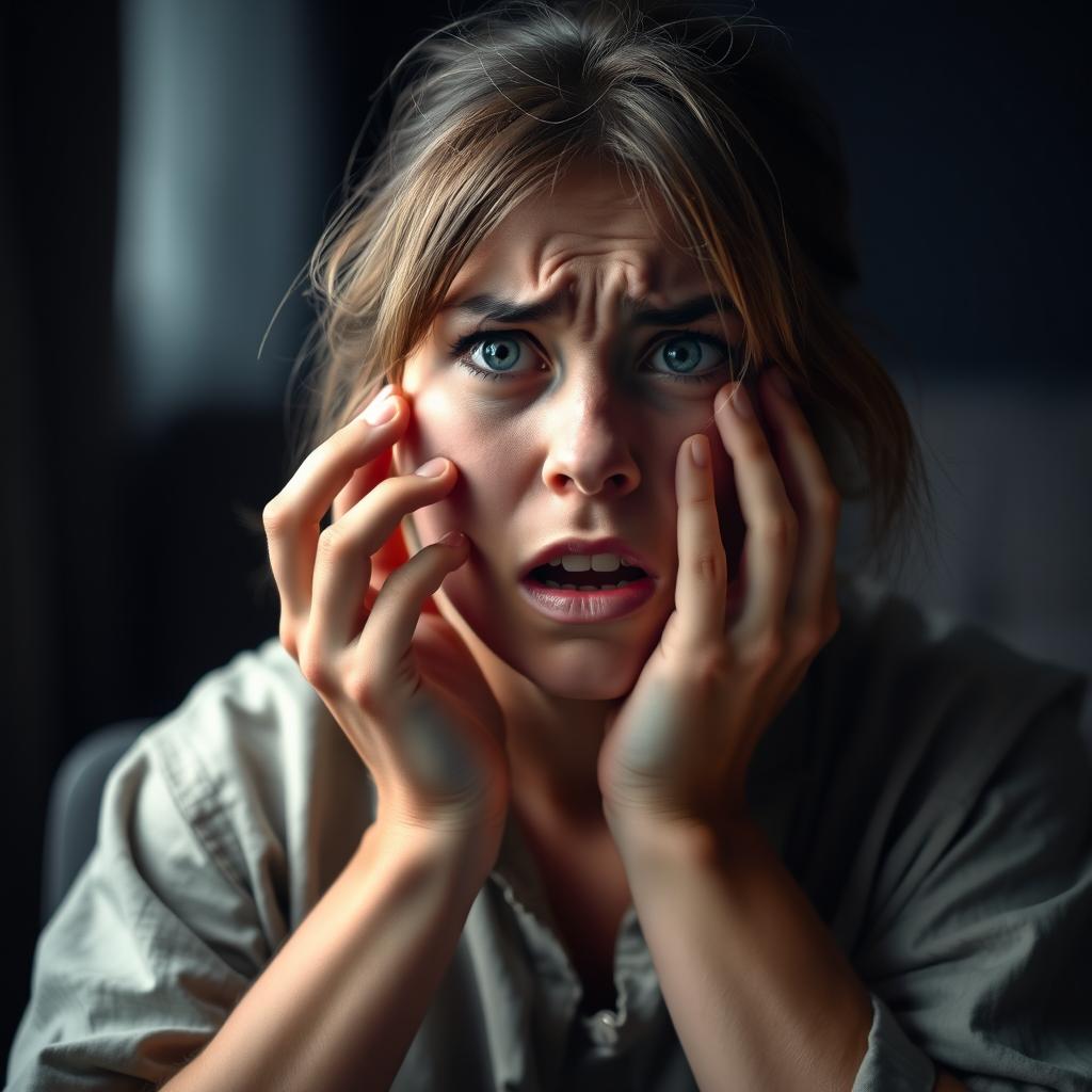 A distressed young woman pulling her face in a moment of anxiety, with her hair slightly disheveled and wearing a simple, slightly wrinkled shirt