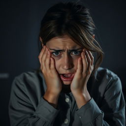 A distressed young woman pulling her face in a moment of anxiety, with her hair slightly disheveled and wearing a simple, slightly wrinkled shirt
