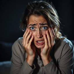 A distressed young woman pulling her face in a moment of anxiety, with her hair slightly disheveled and wearing a simple, slightly wrinkled shirt
