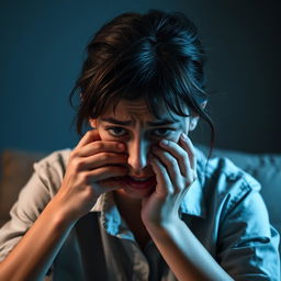 A distressed young woman pulling her face in a moment of anxiety, with her hair slightly disheveled and wearing a simple, slightly wrinkled shirt