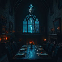 A dark and eerie interior of a gothic castle home inspired by Dracula, featuring towering stone walls, flickering candles casting shadows, and ornate Victorian furniture