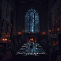 A dark and eerie interior of a gothic castle home inspired by Dracula, featuring towering stone walls, flickering candles casting shadows, and ornate Victorian furniture