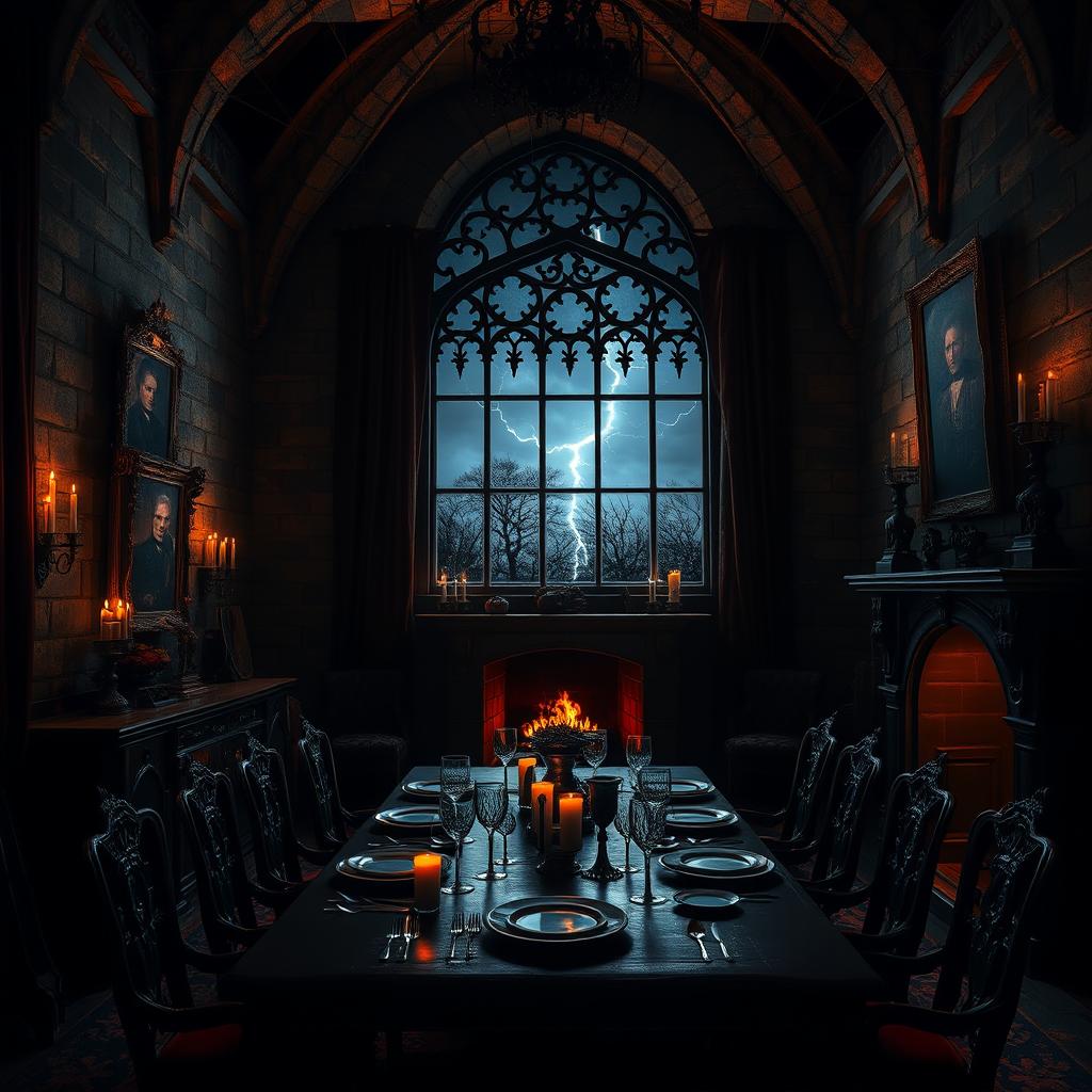 A dark and eerie interior of a gothic castle home inspired by Dracula, featuring towering stone walls, flickering candles casting shadows, and ornate Victorian furniture