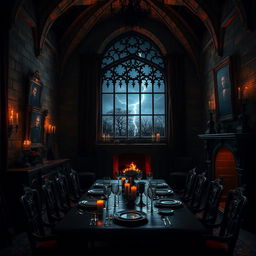 A dark and eerie interior of a gothic castle home inspired by Dracula, featuring towering stone walls, flickering candles casting shadows, and ornate Victorian furniture