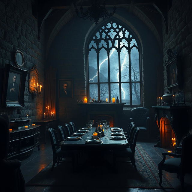 A dark and eerie interior of a gothic castle home inspired by Dracula, featuring towering stone walls, flickering candles casting shadows, and ornate Victorian furniture