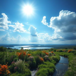 A serene and dreamy landscape featuring a vast blue sky filled with soft, fluffy clouds, illuminated by a bright sun