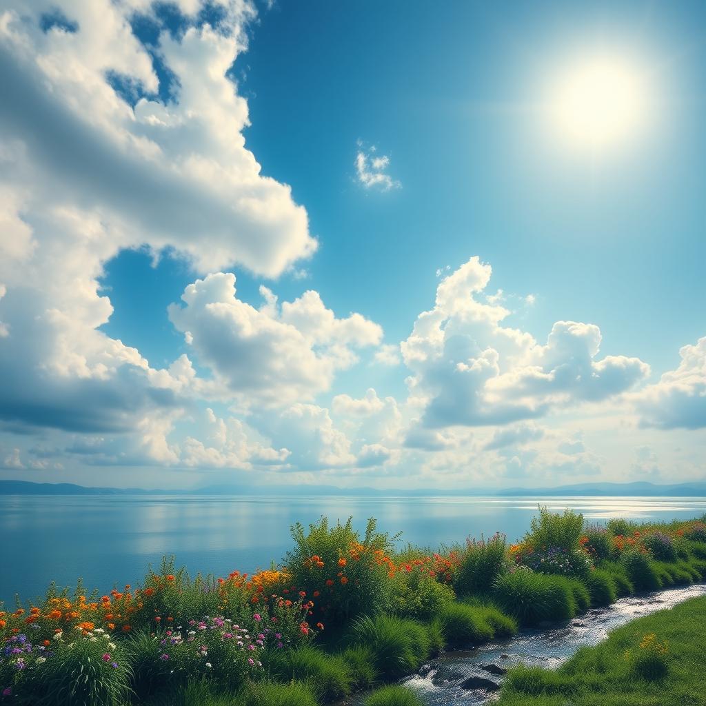 A serene and dreamy landscape featuring a vast blue sky filled with soft, fluffy clouds, illuminated by a bright sun