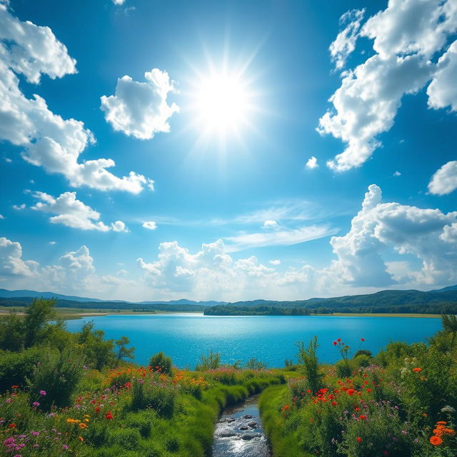 A serene and dreamy landscape featuring a vast blue sky filled with soft, fluffy clouds, illuminated by a bright sun