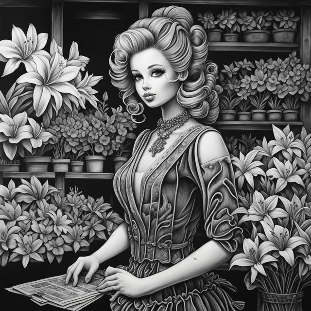 A detailed black and white pencil drawing of Barbie in a florist shop