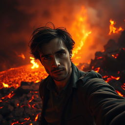 A mysterious and relaxed man taking a selfie in a hellish landscape, the background featuring fiery lava flows, dark smoke, and ominous shadows