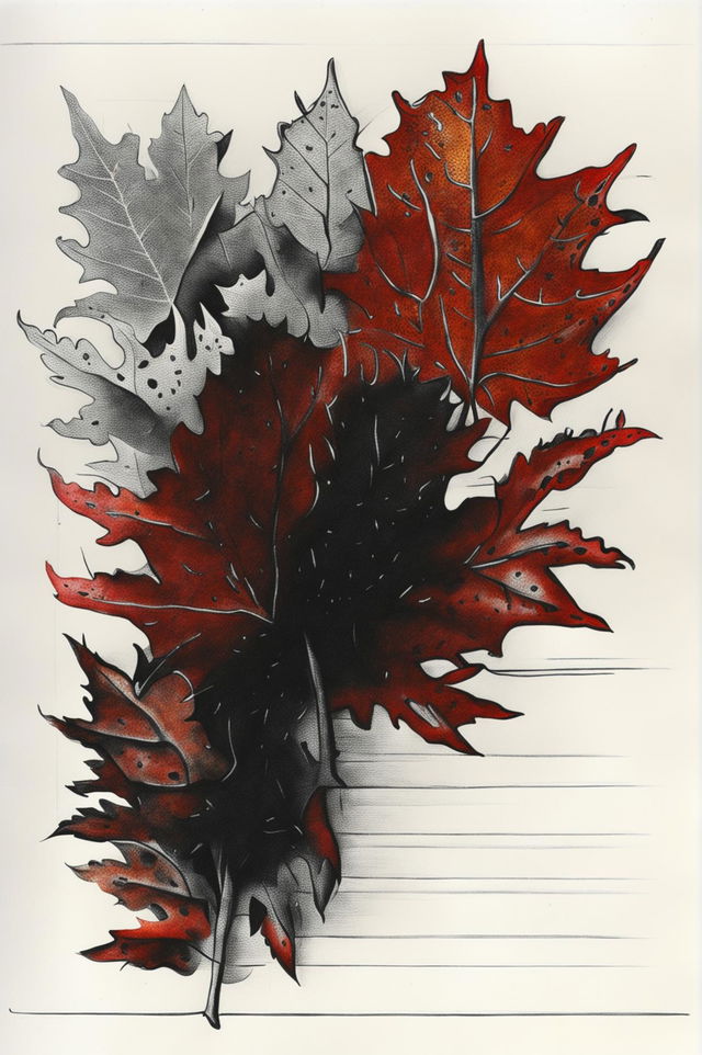 A detailed pencil sketch on a lined pad showcasing a collection of autumn leaves