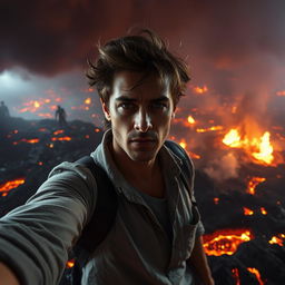 A mysterious and relaxed man taking a selfie in a hellish landscape, the background featuring fiery lava flows, dark smoke, and ominous shadows