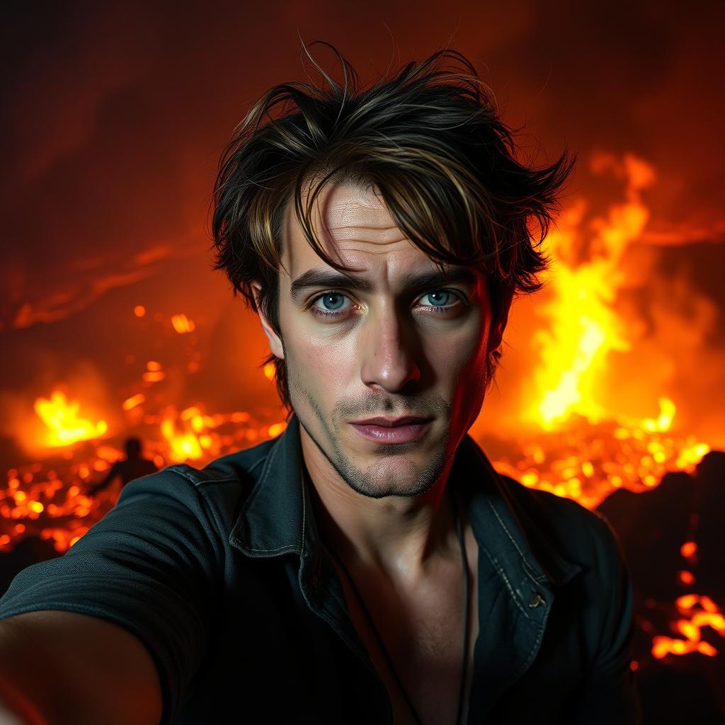 A mysterious and relaxed man taking a selfie in a hellish landscape, the background featuring fiery lava flows, dark smoke, and ominous shadows