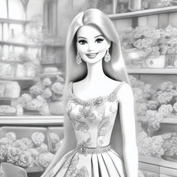 A black and white pencil sketch illustrating Barbie, the iconic doll, in a florist shop