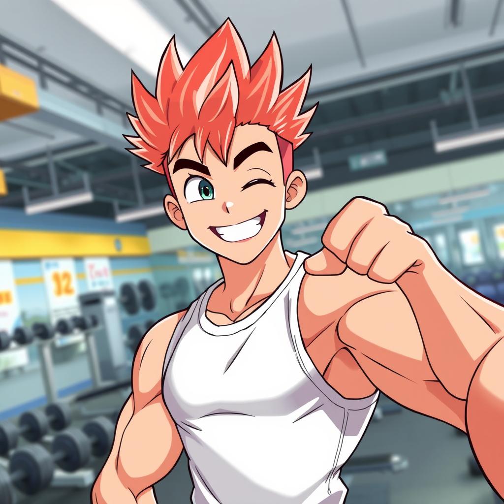 An anime-style illustration of a muscular gym boy taking a selfie