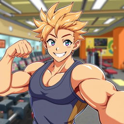 An anime-style illustration of a muscular gym boy taking a selfie
