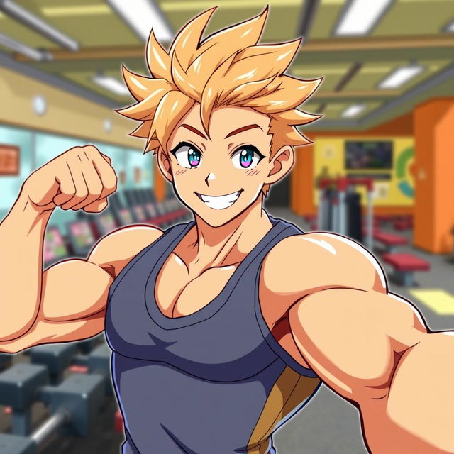 An anime-style illustration of a muscular gym boy taking a selfie