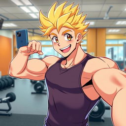 An anime-style illustration of a muscular gym boy taking a selfie
