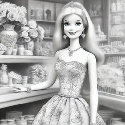 A black and white pencil sketch illustrating Barbie, the iconic doll, in a florist shop