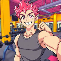 An anime-style illustration of a muscular gym boy taking a selfie
