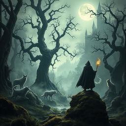 A dark fantasy scene depicting a mystical forest under a ghostly moonlight, with towering ancient trees twisted in eerie shapes, shadows lurking in the underbrush, and wisps of fog swirling at ground level