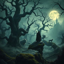 A dark fantasy scene depicting a mystical forest under a ghostly moonlight, with towering ancient trees twisted in eerie shapes, shadows lurking in the underbrush, and wisps of fog swirling at ground level