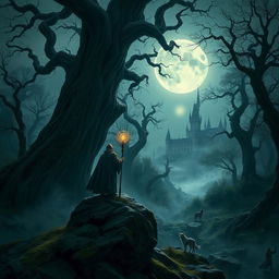 A dark fantasy scene depicting a mystical forest under a ghostly moonlight, with towering ancient trees twisted in eerie shapes, shadows lurking in the underbrush, and wisps of fog swirling at ground level