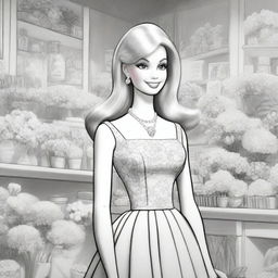 A black and white pencil sketch illustrating Barbie, the iconic doll, in a florist shop