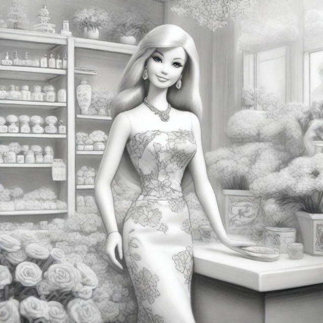 A black and white pencil sketch illustrating Barbie, the iconic doll, in a florist shop