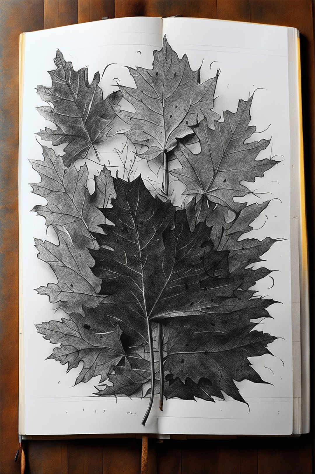 This is a pencil sketch of autumn leaves on a lined pad, showcasing the artist's ability to capture the beauty of fall