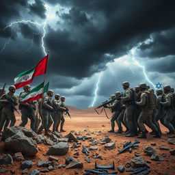 A dramatic and intense scene of a confrontation between two opposing forces, representative of Iran and Israel, set in a barren desert landscape