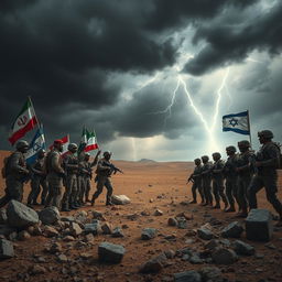 A dramatic and intense scene of a confrontation between two opposing forces, representative of Iran and Israel, set in a barren desert landscape