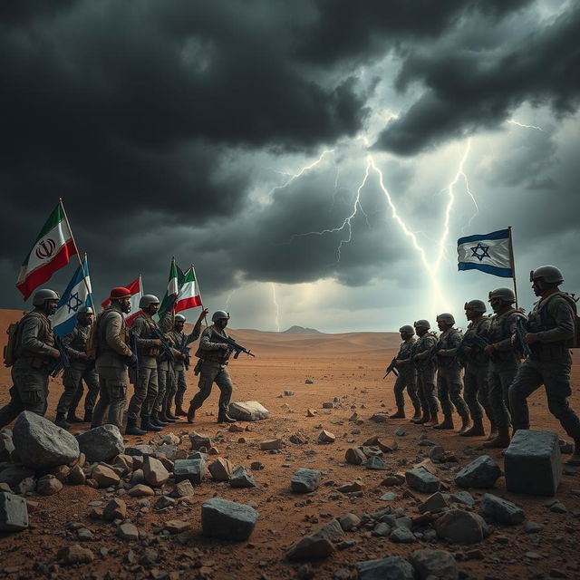 A dramatic and intense scene of a confrontation between two opposing forces, representative of Iran and Israel, set in a barren desert landscape