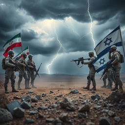 A dramatic and intense scene of a confrontation between two opposing forces, representative of Iran and Israel, set in a barren desert landscape