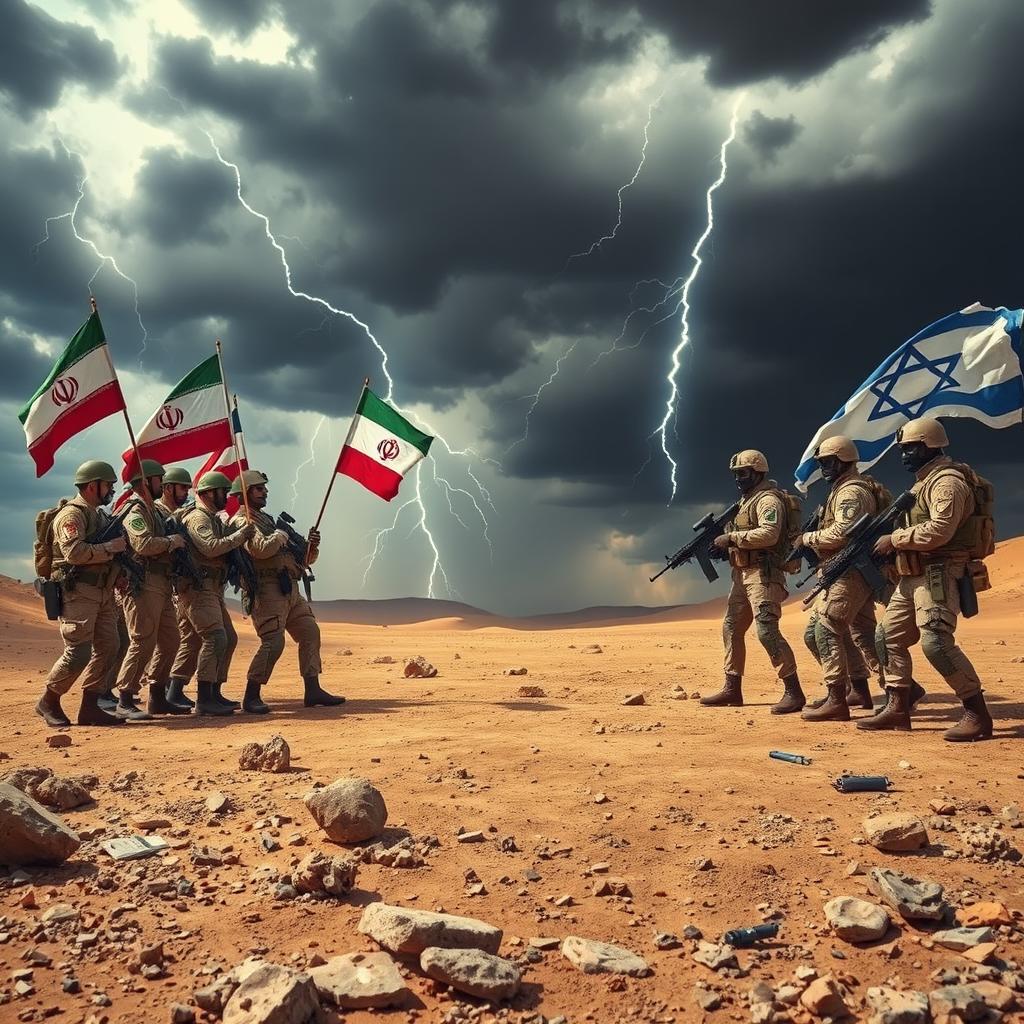 A dramatic and intense scene of a confrontation between two opposing forces, representative of Iran and Israel, set in a barren desert landscape