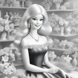 A high-quality black and white pencil drawing depicting Barbie at a florist shop