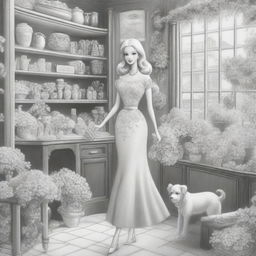 A high-quality black and white pencil drawing depicting Barbie at a florist shop