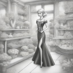 A high-quality black and white pencil drawing depicting Barbie at a florist shop