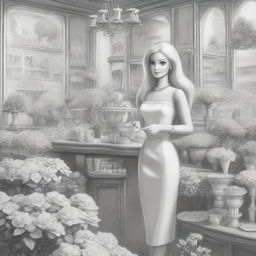 A high-quality black and white pencil drawing depicting Barbie at a florist shop