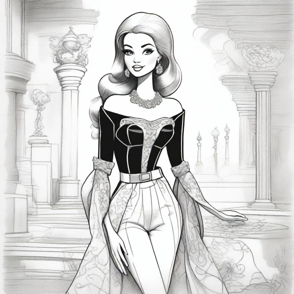 An alternate black and white pencil sketch featuring Barbie, distinct from the previous ones