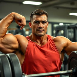 A muscular man in a gym, showcasing impressive biceps while lifting heavy weights
